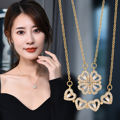 New Micro inlaid zircon Heart-to-heart Women's Open and close clover necklace fashion love folding clavicle chain