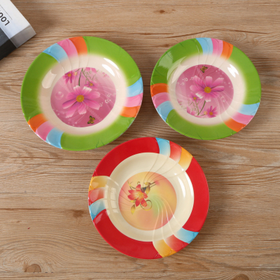 Personalized Color Gradient Printing Pattern Melamine Plate Household Printed round Dinner Plate Factory Spot Direct Sales