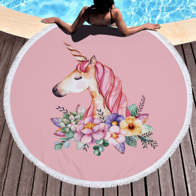 Microfiber round Beach Towel Factory Direct Sales Polyester Active Printed Bath Towel Unicorn Pattern with Tassel