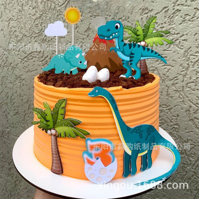 Copyright Dinosaur Cake Decorative Card Baking Scene Cake Cartoon Double Layer Dinosaur Cake Cake Decoration Card Decorative Flag
