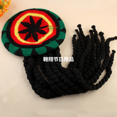 Fake Braid Beret Knitted Wool Jamaica Reggae Hat Halloween Decorative Hat