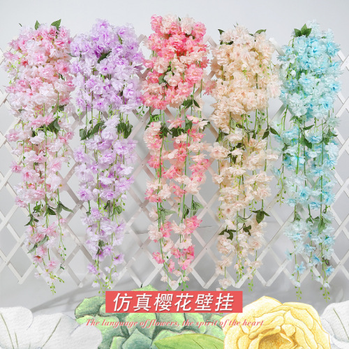 Simulation Cherry Blossom Wall Hanging Branch Arch Wall-Mounted Floriculture Ornamental Flower Wall Decorative Fake Flower Simulation Raw Silk Cherry Blossom Rattan