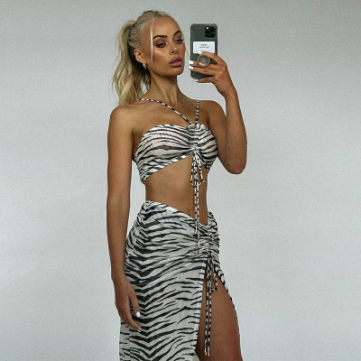 European and American Style Spring New Women's Clothing Zebra Print Halter Lace-up Vest Slit Skirt Two-Piece Set