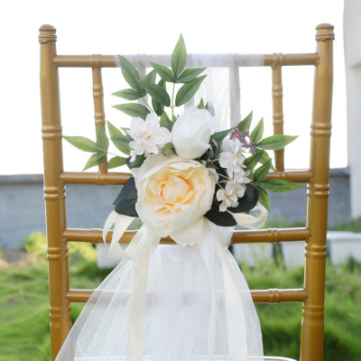 Simulation Chair Backrest Flower White Wedding Ceremony Layout Cream Bouquet Artificial Outdoor Hotel Decoration Rose Chair Back Flowers