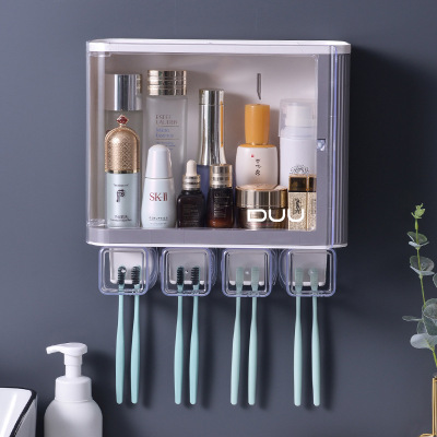 W15- 2342 Wall-Mounted Toothbrush Storage Rack Bathroom Cosmetics Plastic Pp Transparent Punch-Free Waterproof Organizing Rack
