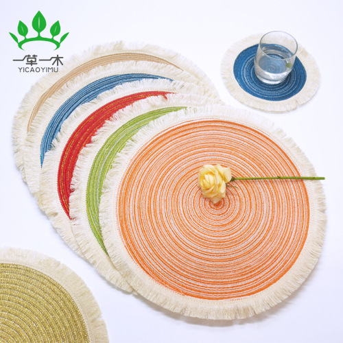 nordic style tassel woven placemat cotton yarn insulation pad home kitchen decorative mat