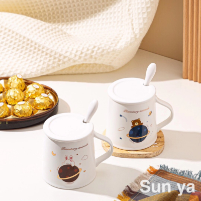 New Cartoon Planet Ceramic Cup with Cover with Spoon Coffee Cup Office Water Glass Creative Mug