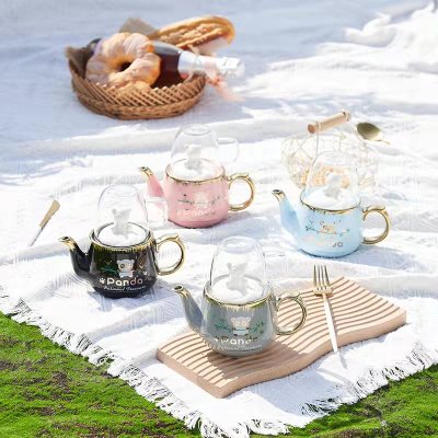 Creative Ceramic Kettle Glass Water Cup Combination Set Heat-Resistant High Temperature Resistant Afternoon Tea Fruit Scented Tea Making Pot Household