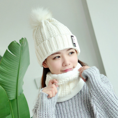 Outdoor Winter Fleece-Lined Thickened Woolen Cap Warm Ear Protection Fluffy Ball Cap Scarf Knitted Hat Suit Factory Wholesale