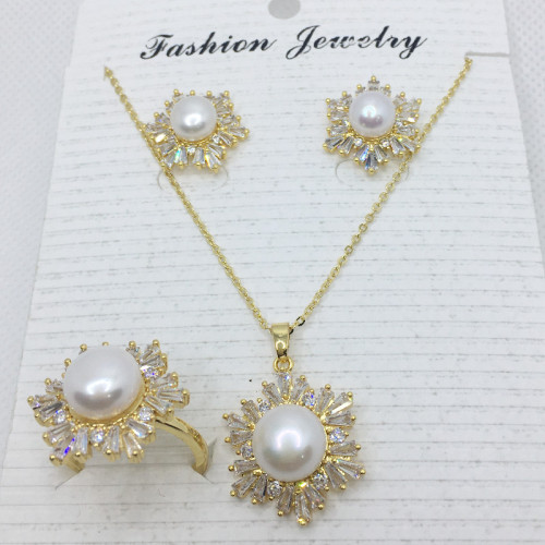 wholesale Natural Freshwater Pearl Gold-Plated Color Retention Necklace Earrings Ring Three-Piece Set Online Live Clock-in