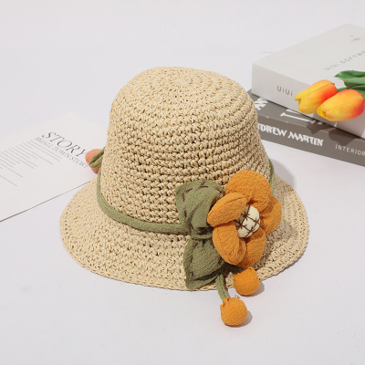 Children's Hat Summer Sun-Proof Travel Beach Short Brim Baby Girl Bucket Hat Handmade Three-Dimensional Flower New Style Fisherman Hat