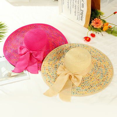 Summer Women's Simple Fashion Sun-Proof Hat Sun Protection Parent-Child Straw Hat Bow Grass Printing Straw Hat Wholesale