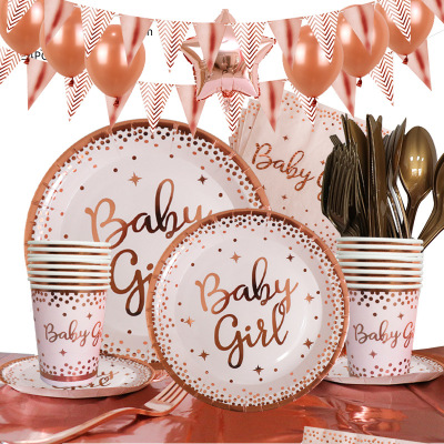 Spot Cross-Border New Arrival Hot Gold Foil Rose Gold Baby Girl Tableware Set Disposable Paper Tray Paper Cup