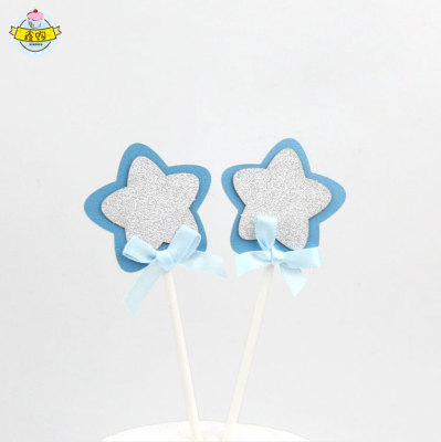 Baking Cake Topper Shiny Little Star Glitter Double-Layer Bow Five-Pointed Star Birthday Cake Insertion