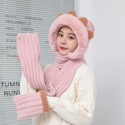 All-Match and Cute Bear Ears Warm Double-Layer Thickened Autumn and Winter Female Hat Scarf Gloves Three-Piece Set for Women