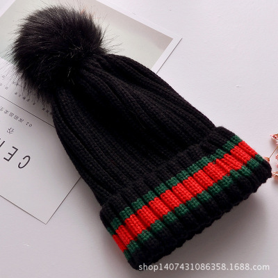 Red and Green Stripes Parent-Child Knitted Hat Autumn and Winter New Thickened Colorful Ball Woolen Cap Warm Children Sleeve Cap Wholesale