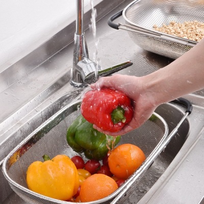 201 Stainless Steel Telescopic Basket Adjustable Sink Vegetable Washing Kitchen Fruit and Vegetable Storage Rack Retractable Mesh Basket Draining Rack