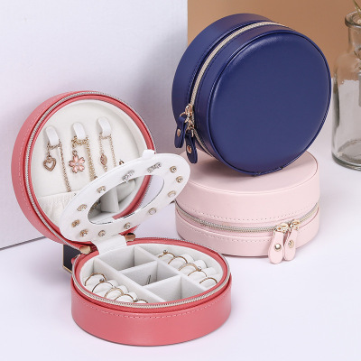 New round Portable Jewelry Box PU Leather Sweet Fresh Double Rounds Mirror Zipper Jewelry Ring Storage Box