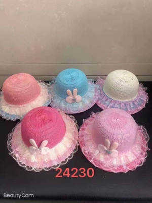 New Baby Girl Hat Beach Children 'S Straw Hat Elegant Lace Summer Hat Ears Summer Sun Protection Little Girl