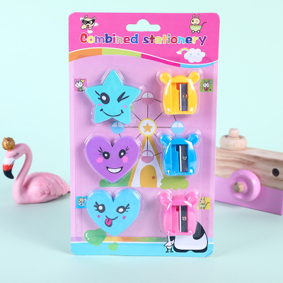 Cute Cartoon-Shaped Eraser Pencil Sharpener Set Student Stationery Manufacturer Suction Card Set Wholesale