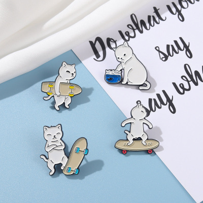 Cross-Border E-Commerce New Animal Series Alloy Ornament Cartoon Cute Skateboarding Board Black and White Cat Shape Badge