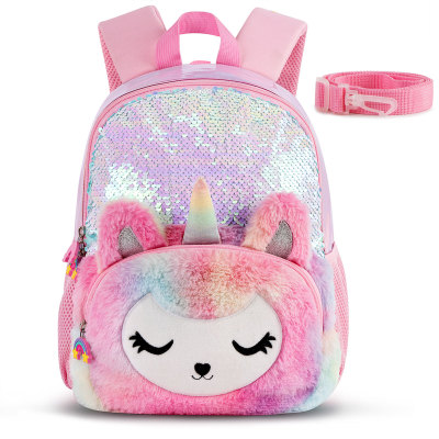 Kindergarten Children's Plush Unicorn Small Backpack Spine Protection Anti-Lost Primary School Student Girls Sequins Schoolbag First Grade