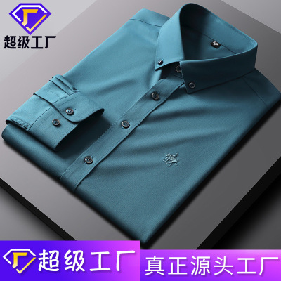 Spring Long Sleeve Bamboo Fiber Shirt Solid Color Men's Non-Ironing Shirt Stretch Slim Fit Horse Logo Men's Business Shirt