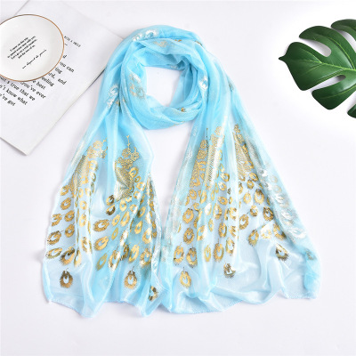 High-End Pongee Bronzing Peacock Pattern Silk Scarf Candy Color Elegant Women's Scarf Silk Scarf Gift Order