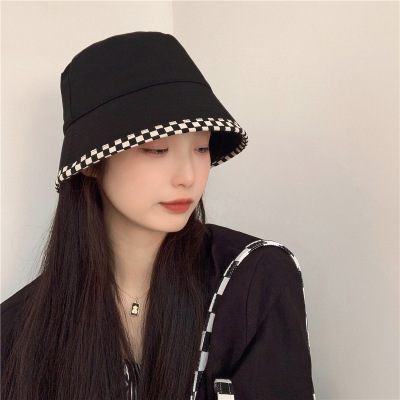 New Color Matching Chessboard Plaid Bucket Hat for Women Japanese Style All-Matching Fashion Face-Looking Small Bucket Hat Straight Hat for Women Fashion