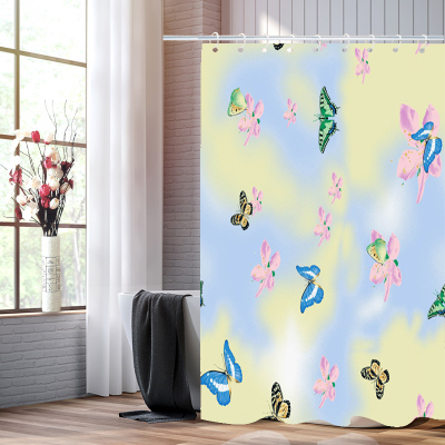 Butterfly Bathroom Dry Wet Separation Shower Curtain Satin Polyester Fabrics Waterproof Wholesale and Retail 
