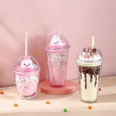 Cross-Border E-Commerce Cup Cream Cake Bear and Rabbit Ice Cream Cup with Straw Crushed Ice Cup Plastic Cup Factory Wholesale