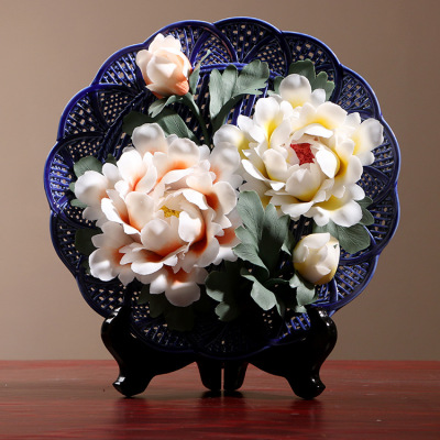 Dehua Handmade Flower Wall-Plate Craft Gift Luoyang Peony Ceramic Flower Disk Creative Living Room Decoration