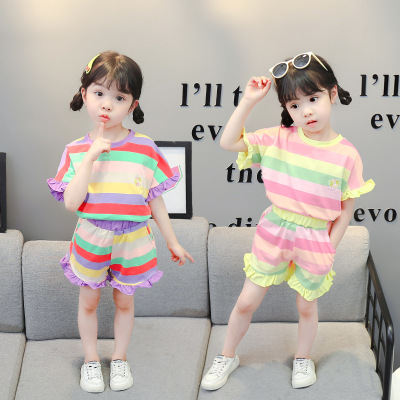 2022 Korean Style Girls' Suit Summer Fashionable Children's Summer Child Baby Short Sleeve Striped Sports Two-Piece Suit