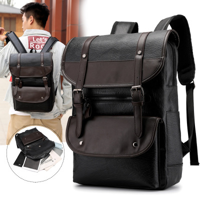 New Pu Men's Backpack Casual Simple Solid Color Stitching Student Computer Bag