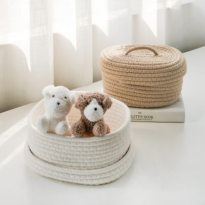 Cotton Braided Storage Box Solid Color Oval Desktop Finishing Box Cosmetics with Lid Storage Basket