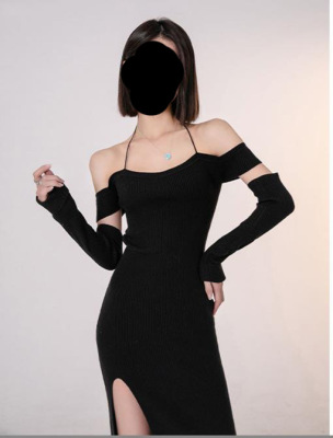 High Waist Temperament Side Slit off-the-Shoulder Detachable Sleeves Knitted Annual Party Dress Women