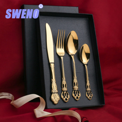 A European-Style Retro Embossed Royal Court Tableware Set 304 Stainless Steel Steak Knife and Fork Hotel Western Food Knife, Fork and Spoon