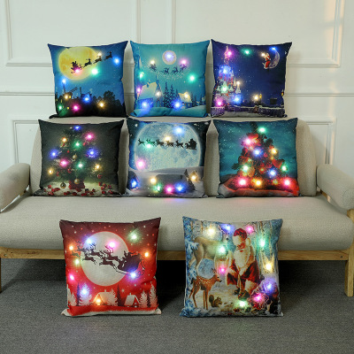 Cross-Border Led Colored Lamp Pillow Christmas Atmosphere Ornament Pillow Linen Printed Pillow Can Be Customized Wholesale