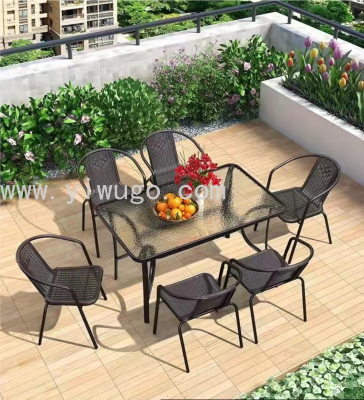 Courtyard Imitation Rattan Table and Chair Set Seven-Piece Balcony Garden Coffee Bar Occasional Table and Chair Set
