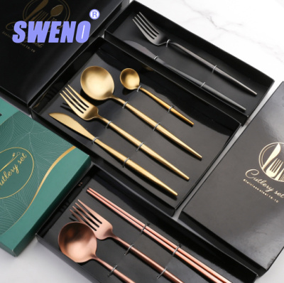 A Amazon 304 Stainless Steel Western Food/Steak Knife, Fork and Spoon Gift Box Hotel Sanding Gold Portuguese Tableware