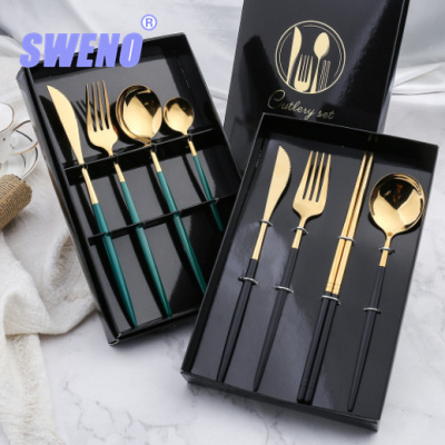 A Bright Portugal Knife, Fork and Spoon Chopsticks Four-Piece Set Gift Set Stainless Steel Western Tableware Steak Knife and Fork