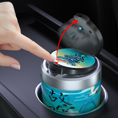 Tiktok Same Style Internet Celebrity Painted National Trendy Style Printed Ceramic Automatic Bounce Cover Led Car Ashtray Personalized Creative