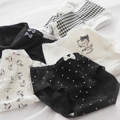 Simple Black and White Cat Printing Cute Girl Underwear Women's Cotton Crotch Package Hip Mid-Rise Student Briefs