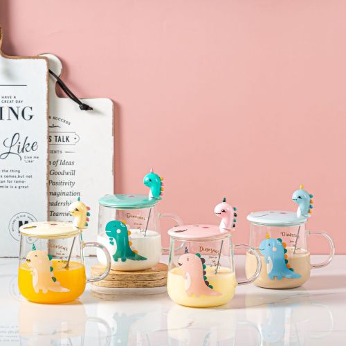 glass dinosaur water cup with cover spoon transparent mug cute girl office drinking tea cup breakfast cup