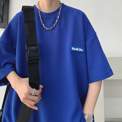 Klein Blue Waffle Heavy Short Sleeve Men's T-shirt Fashion Brand Summer Trendy Ins Loose Oversize Half Sleeve