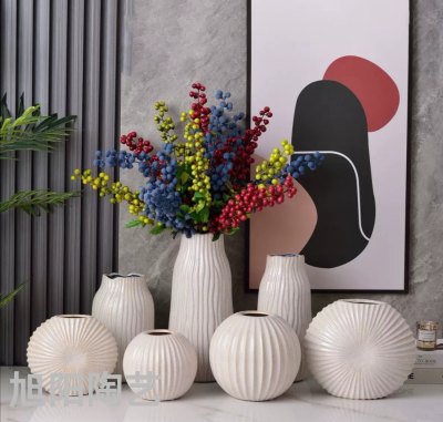 New Chinese Style Simple Modern Beige Ceramic Vase Flower Home Decoration Three-Piece Set Decoration Cryptomeria Flower Shop Materials