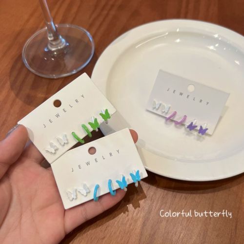 niche color earrings s925 silver needle butterfly stud earrings three-piece set simple temperament fresh female earrings wholesale
