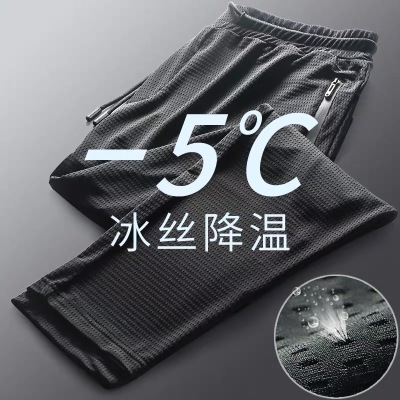 Summer Sports Pants Men's Thin Air Conditioning Pants Breathable plus Size Casual Pants Stretch Slim-Fit Ice Silk Quick-Dry Pants Trousers