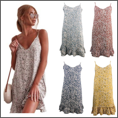 European and American Fashion Women's Wear Camisole Travel Holiday Floral Print Home Dress in Stock