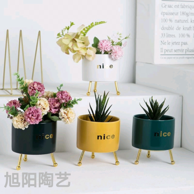 Creative Iron Tripod Ceramic Succulent Plant Dried Flower Flower Pot Office Decorations Ornaments